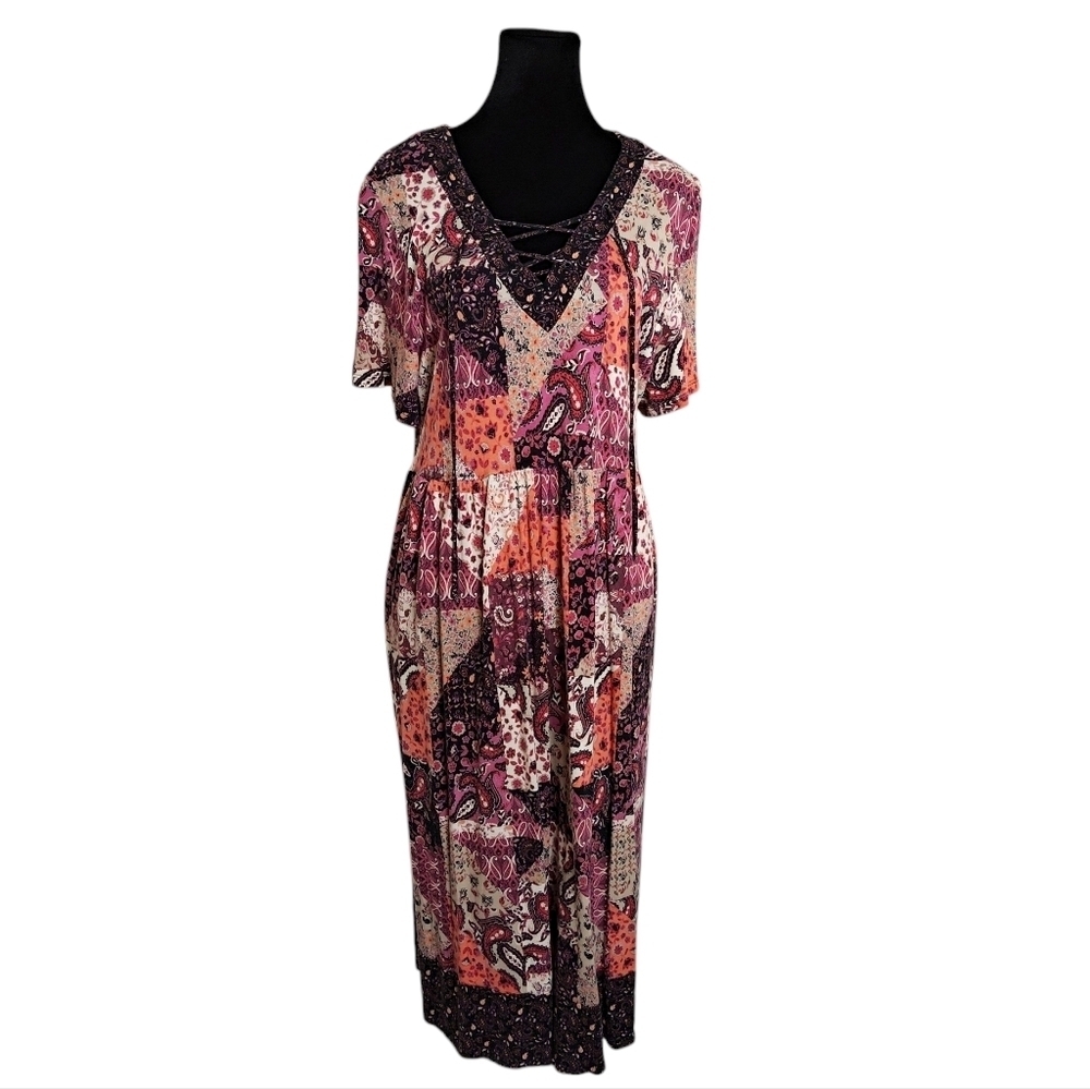 Boho Cottagecore Mix Print midi dress with lace up V-neck Size Large
